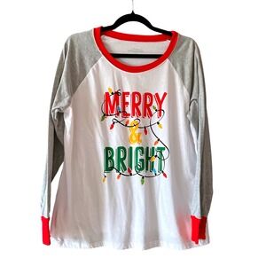Womens Merry and Bright Christmas Lights Raglan Long Sleeve Shirt Holiday Size L